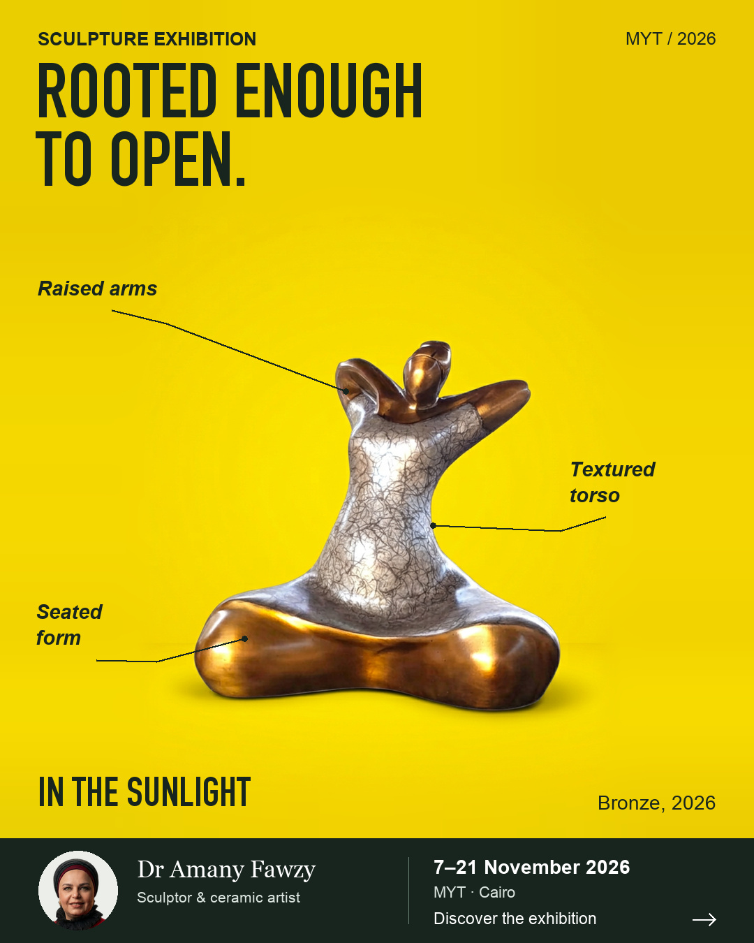 In the Sunlight exhibition poster. ROOTED ENOUGH TO OPEN.